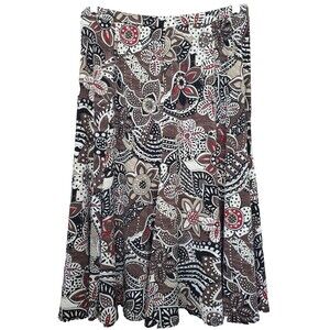 Chico's A-Line Floral Print Skirt in Brown Black Cream with Red Accents